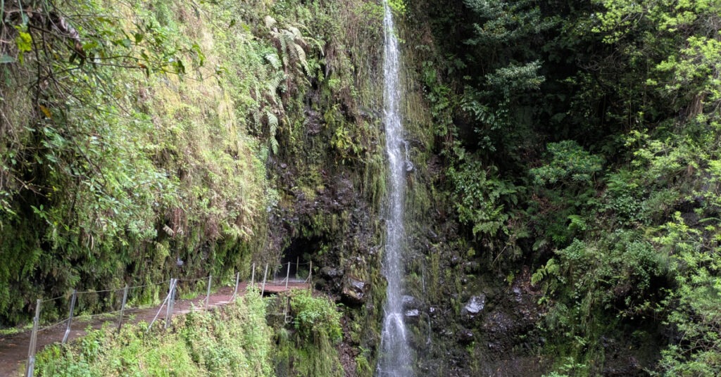 A narrow path hugs the verdant mountainside, leading towards a tunnel entrance under a waterfall.