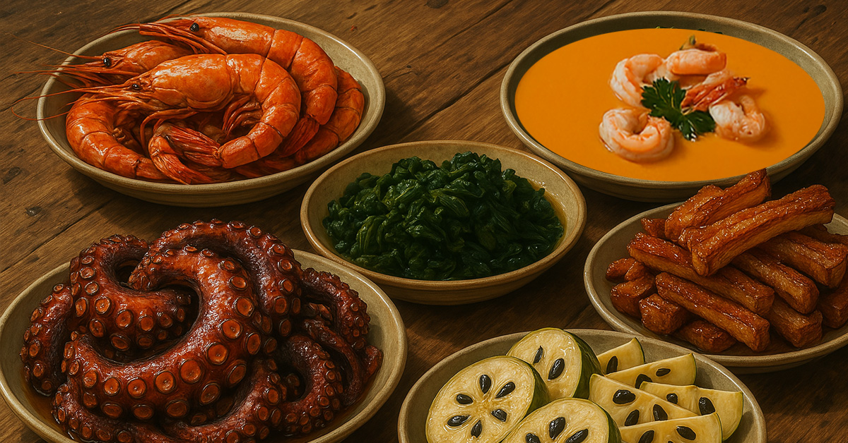 A feast of prawns, octopus, kale and custard apple