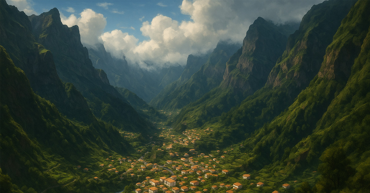A village of typical white and orange Portuguese houses cradled in sheer Mountains