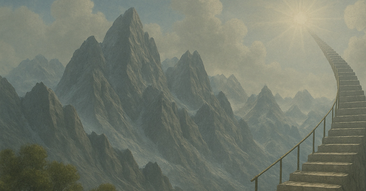 A stone stairway in the mountains ascends toward the sun