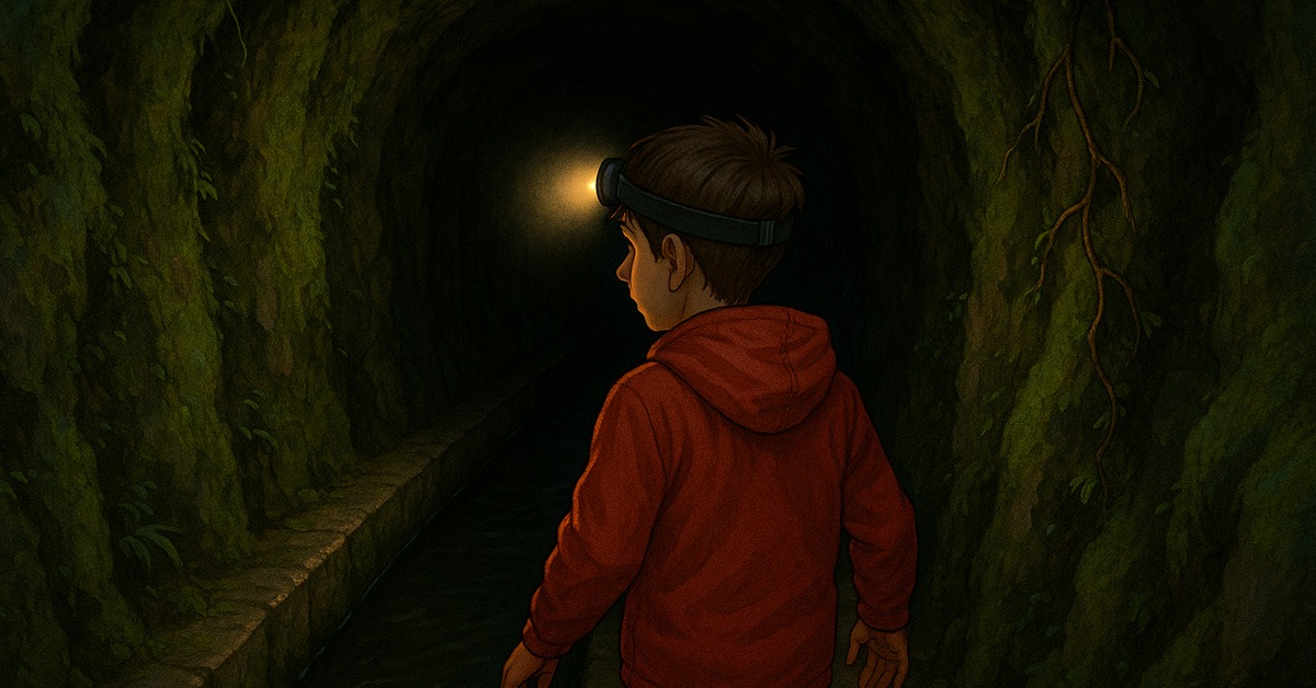 A young boy in a red rain jacket and wearing a head torch is entering a levada tunnel
