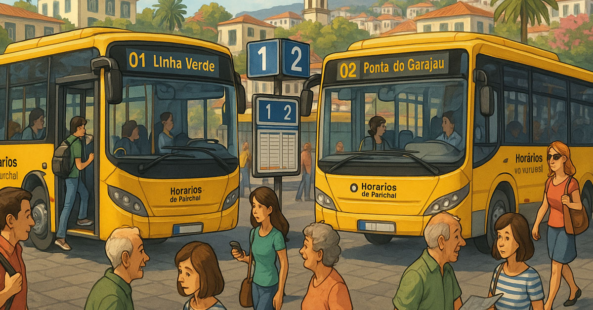 Horrarios buses wait at a busy bus station in Madeira