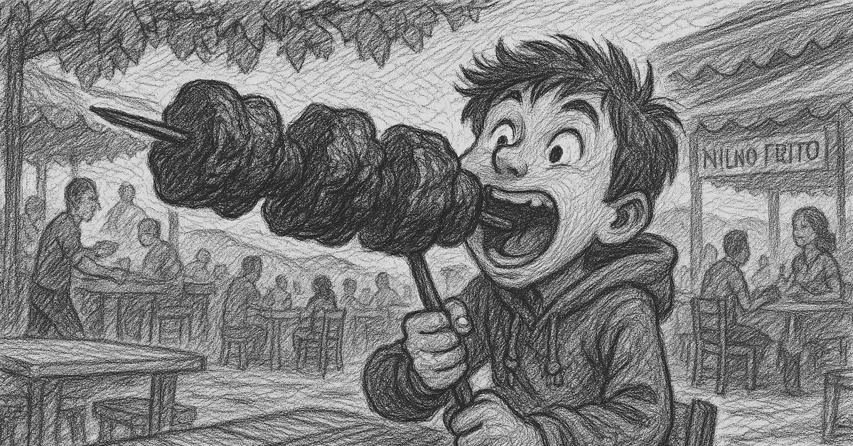 A boy is shoving a huge kebab into his open mouth