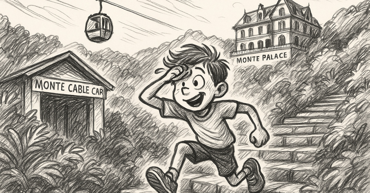A boy is running down steep steps - Monte palace and cable car in the background