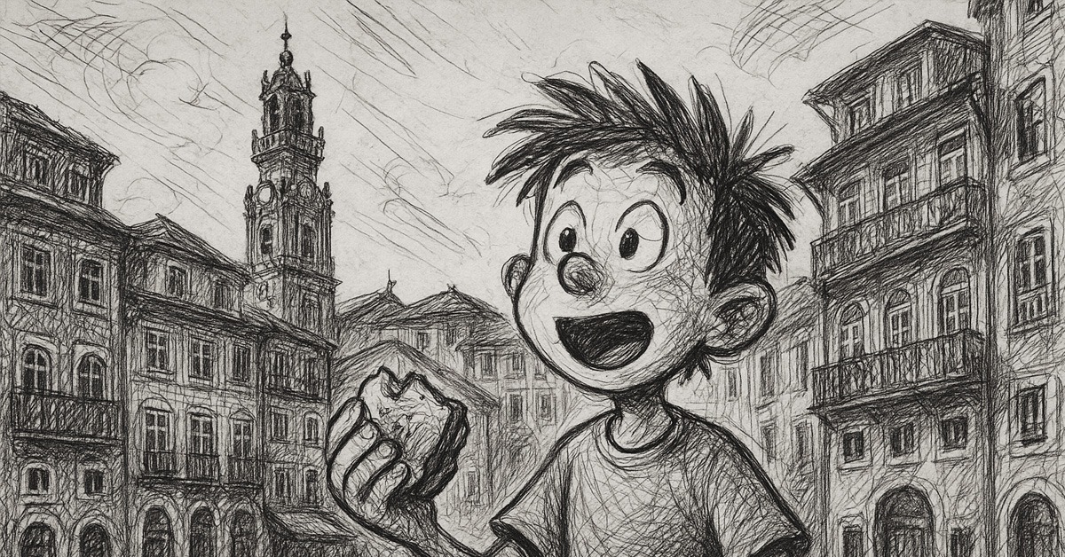 A boy is eating in a square surrounded by typical Porto buildings