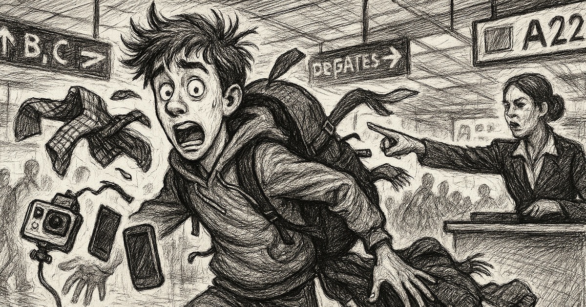 A boy is surrounded by chaotic airport scenes